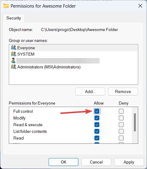 Checking the "Full control" option under "Permissions  for Everyone."