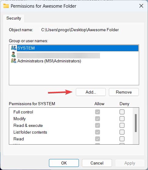 Clicking on "Add" button on "Permissions" window. 