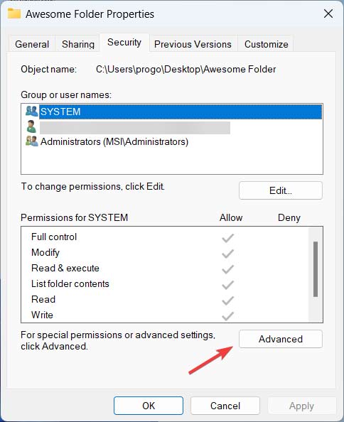 Clicking on "Advanced" button in "Properties" window. 