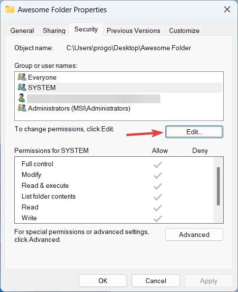 Clicking on "Edit" button under the "Security" tab in program Properties. 