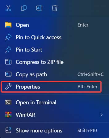 Clicking on "Properties" from the context menu. 
