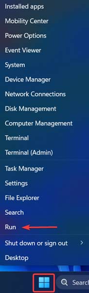 Clicking on "Run" in WinX menu.