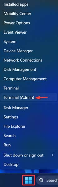 Clicking on Terminal (Admin) option in WinX menu. 