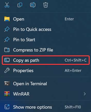 Clicking on "Copy as path" option in context menu. 
