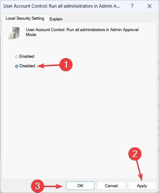 Opting for "Disabled" for "User Account Control: Run All Administrators in Admin Approval Mode" option. 
