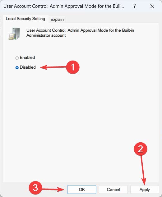 Disabling "User Account Control: Admin Approval Mode for the Built-in Administrator Account" option in Group Policy Editor. 