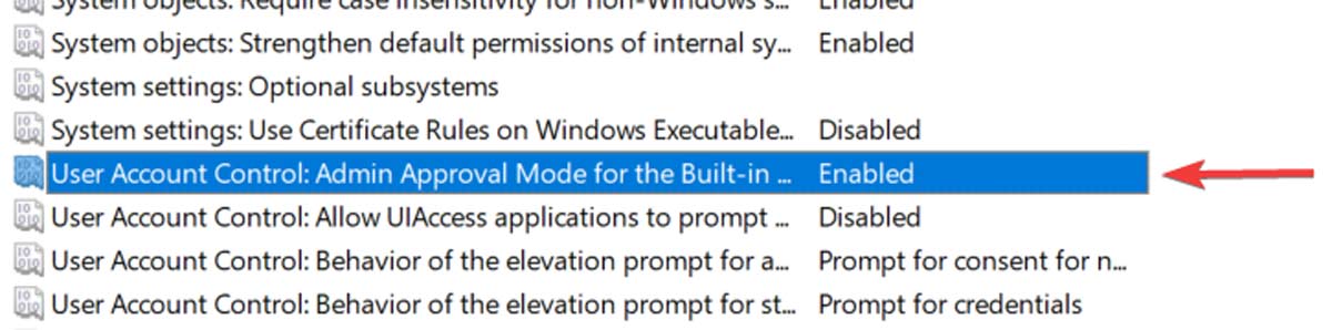 Double-clicking on "User Account Control: Admin Approval Mode for the Built-in Administrator Account" in Group Policy Editor.
