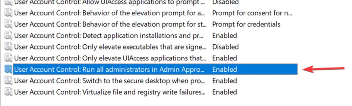 Double clicking on "User Account Control: Run All Administrators in Admin Approval Mode" in Group Policy Editor.