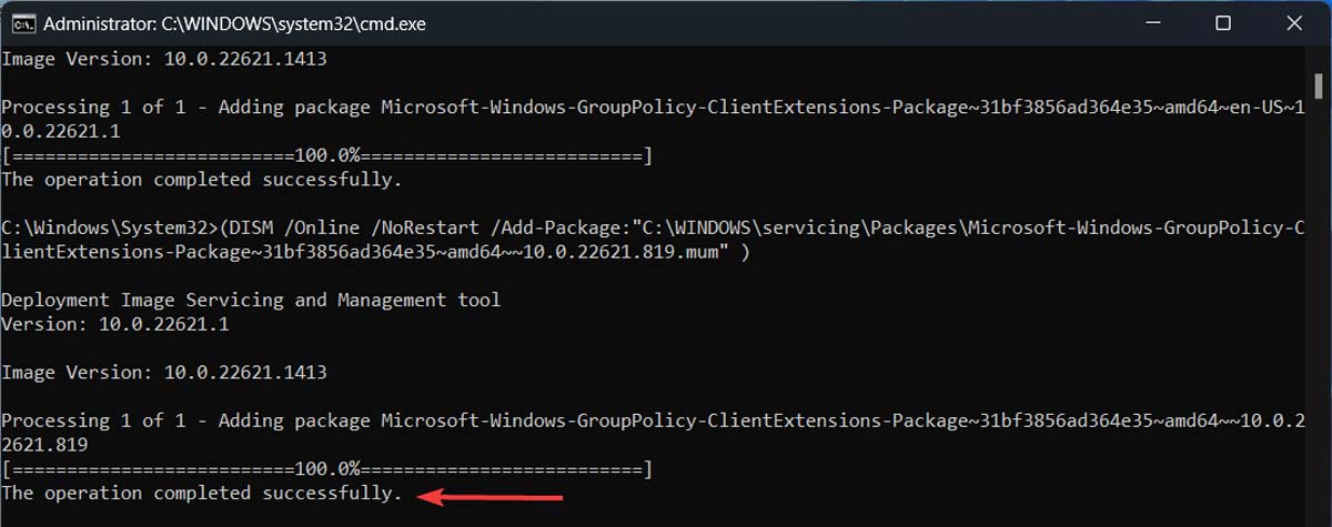 Viewing "The operation completed successfully" message in Command Prompt. 