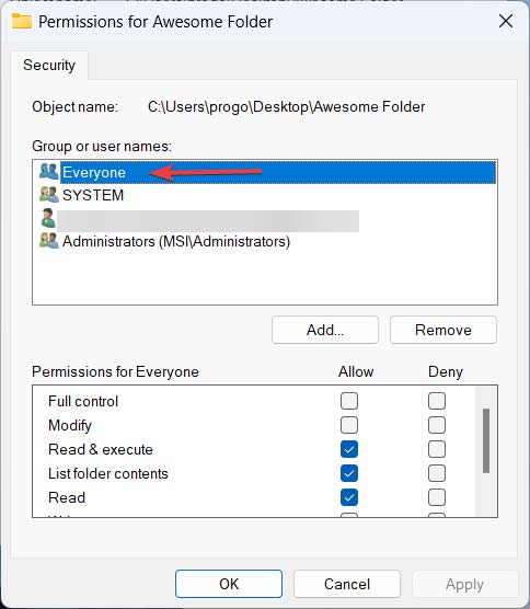 Selecting "Everyone" under the "Group or user names" in Permissions window. 