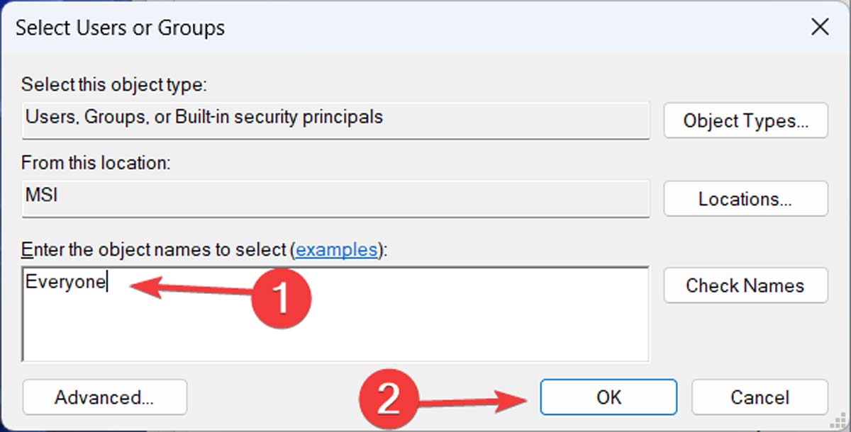 Typing "Everyone" in the "Enter the object names to select" field.
