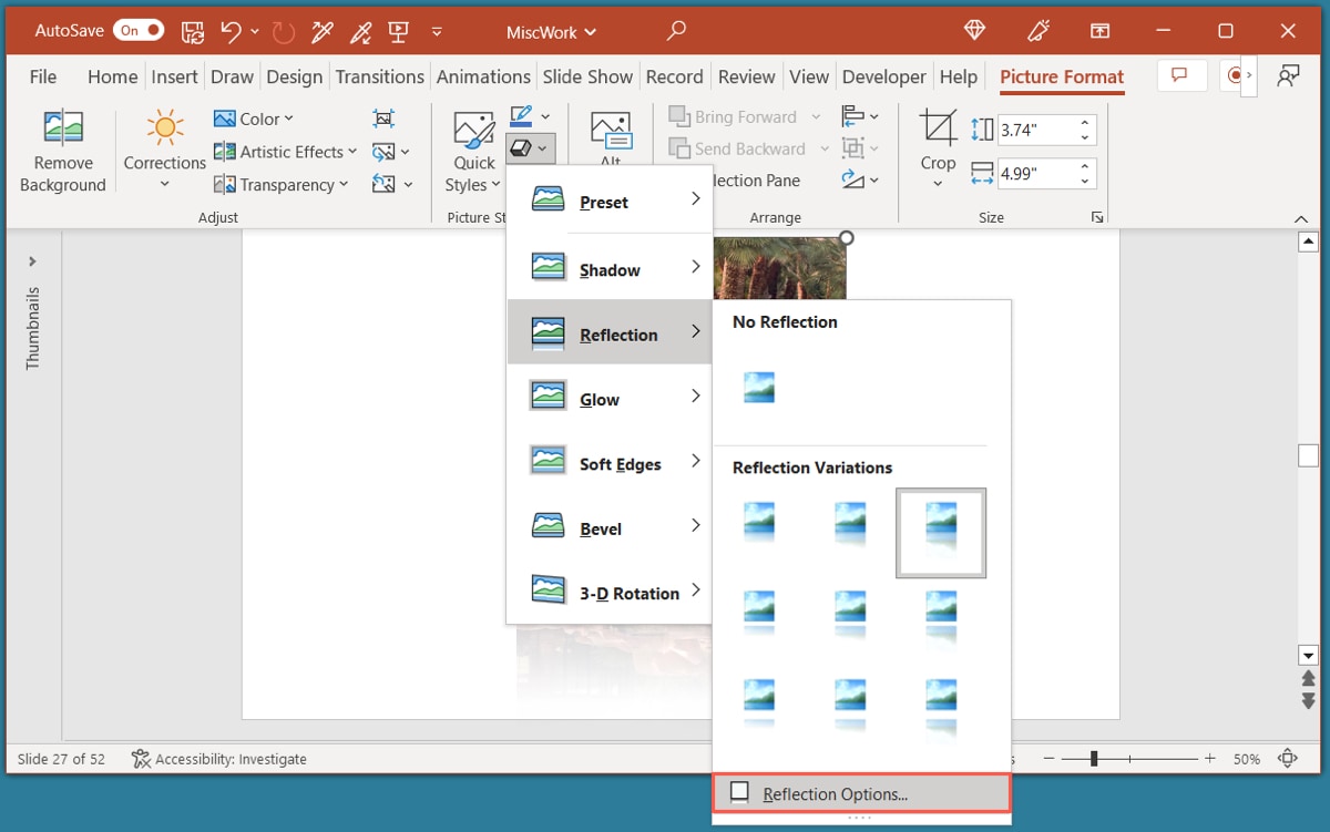 Reflection Options in PowerPoint