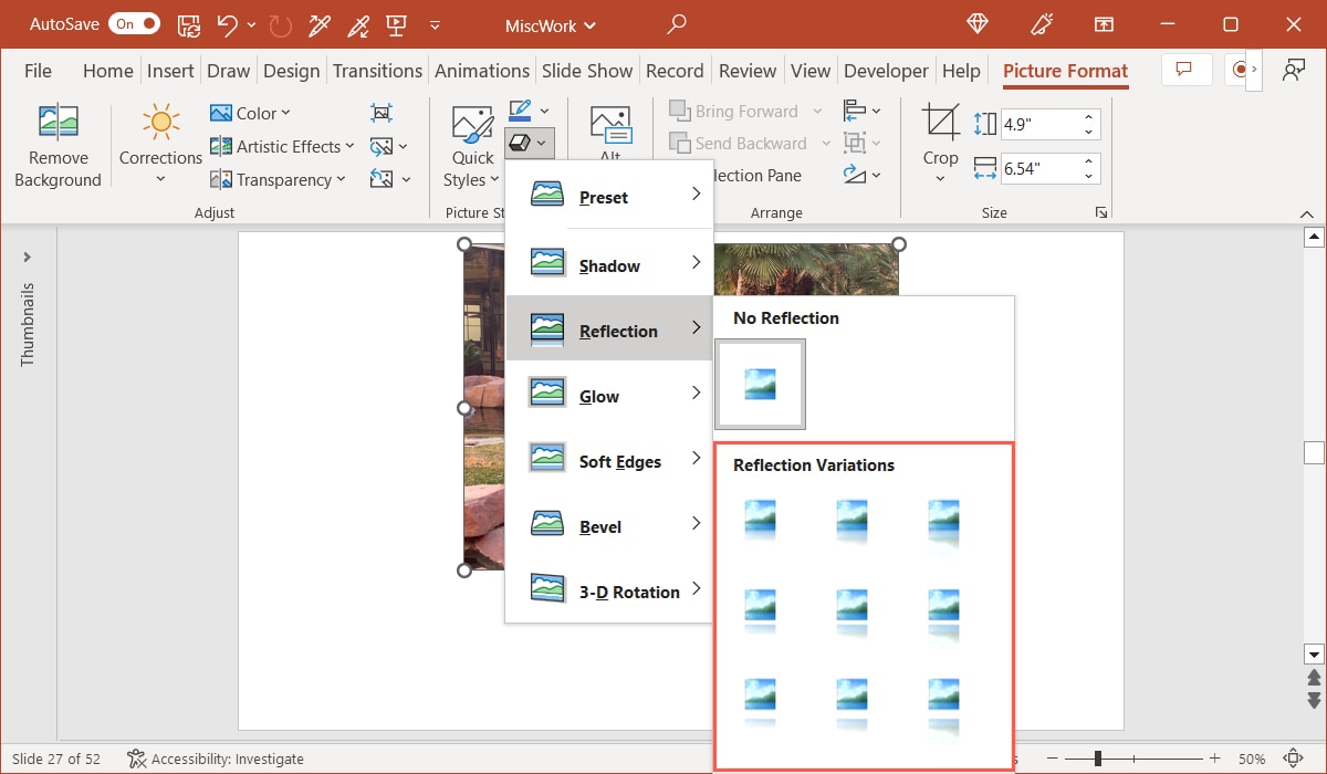 Picture Effects Reflection options in PowerPoint