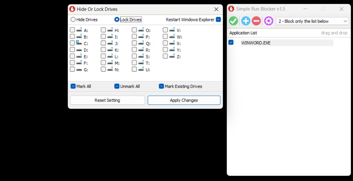 Hiding entire drives using Simple Run app. 