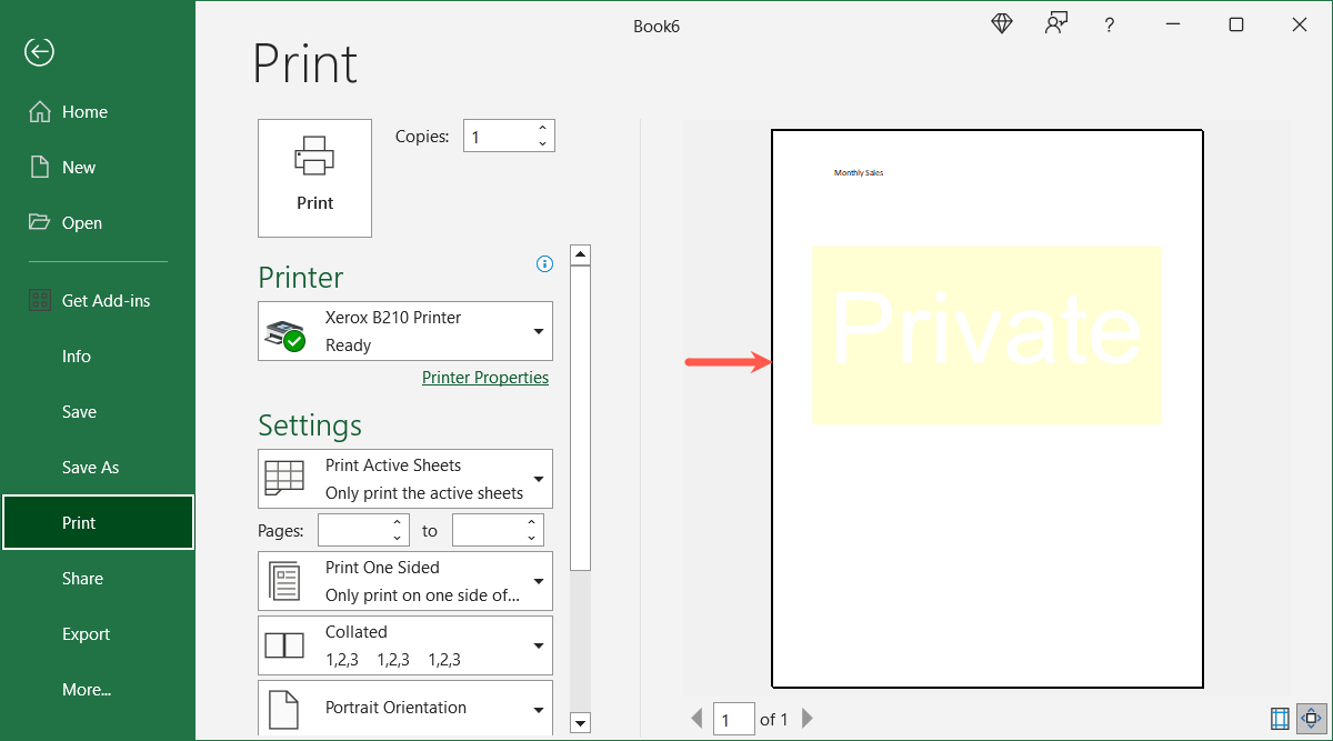 Print preview of a watermark in Excel