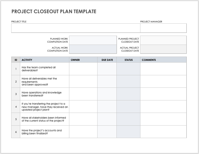 Project Closeout Plan template