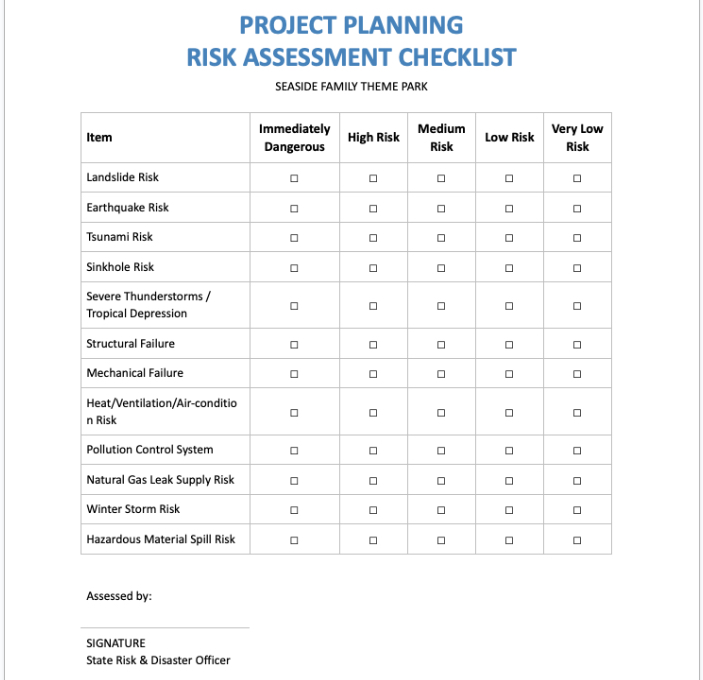 Project Planning Risk Assessment Checklist template