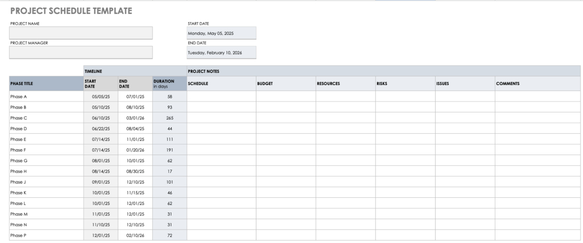 Project Schedule template table