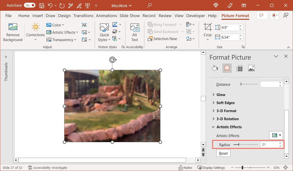 Radius in the sidebar in  PowerPoint