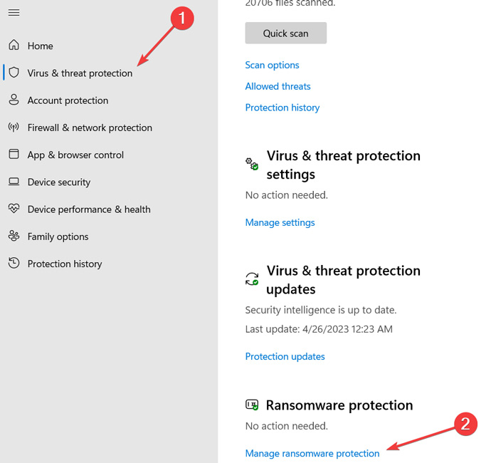 "Manage ransomware protection" option in Virus & threat protection settings. 
