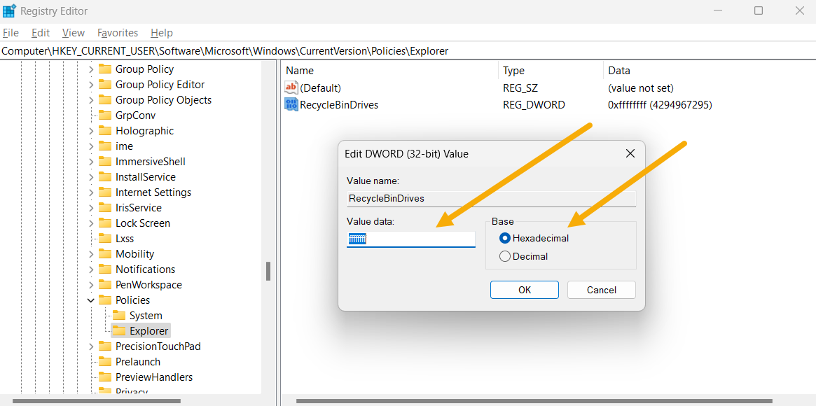 Adding "Value data" for RecycleBinDrives key.