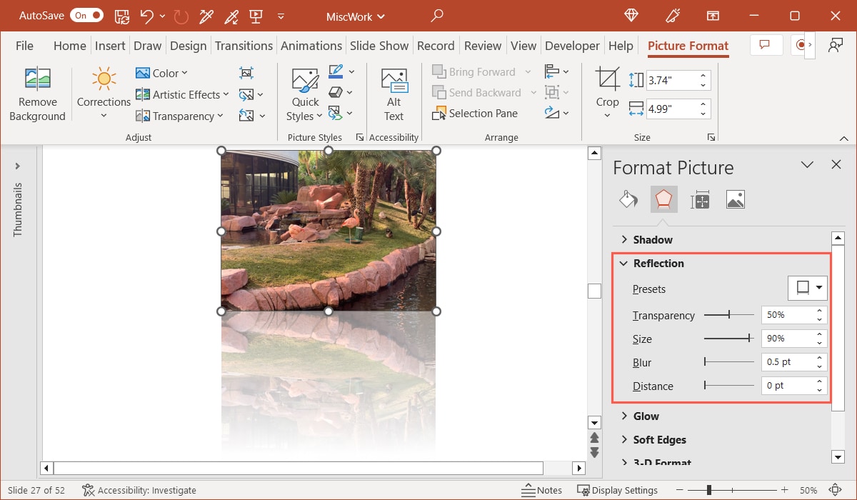Reflection settings in the sidebar in PowerPoint