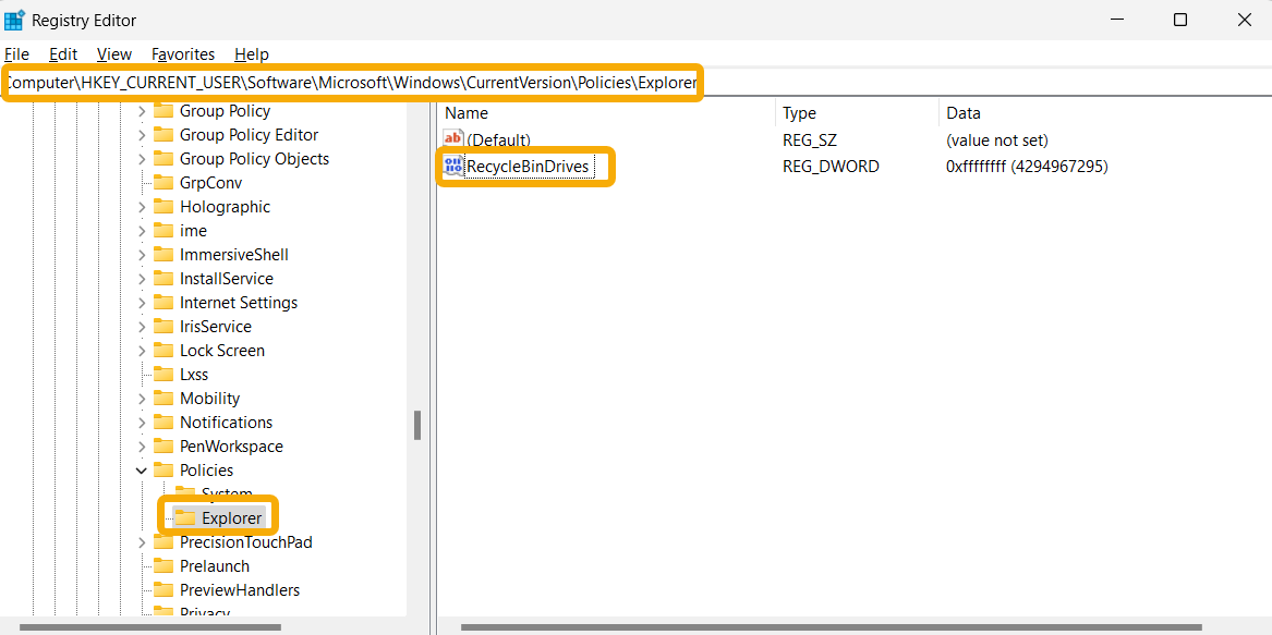 Renaming "RecycleBinDrives" key in Registry Editor. 