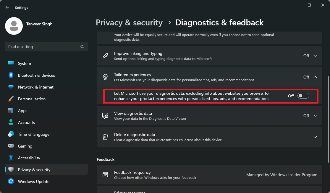 Disabling the "Let Microsoft use your diagnostic data, excluding info about websites you browse etc" option under "Diagnostic & feedback."