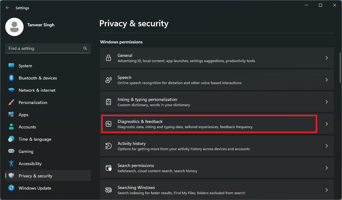 Clicking on "Diagnostic & feedback" under "Privacy & security" in Settings.
