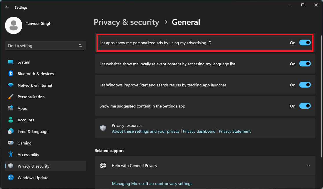 Disabling "Let apps show me personalized ads by using my advertising ID" option. 