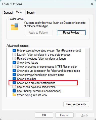 Disabling "Show sync provider notifications" option via Folder Options window.