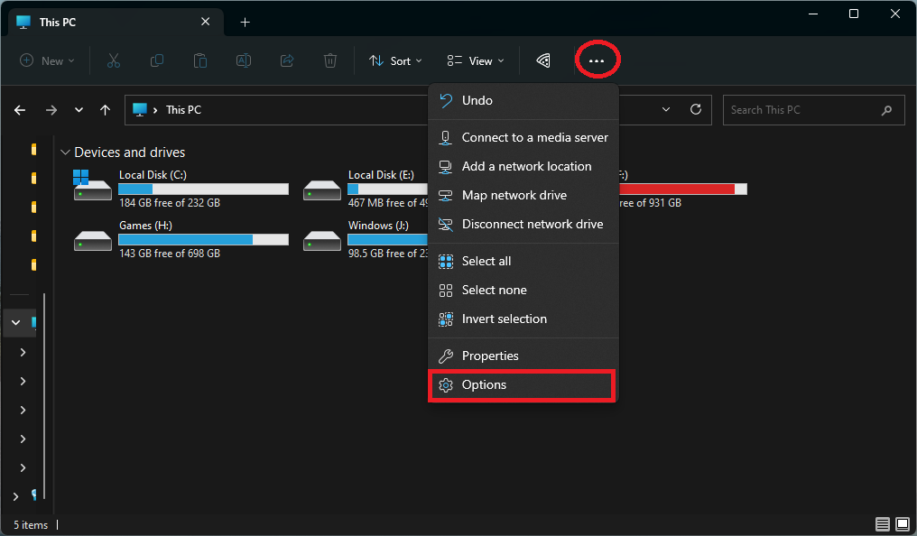 Clicking on "Options" under three dot menu in File Explorer.