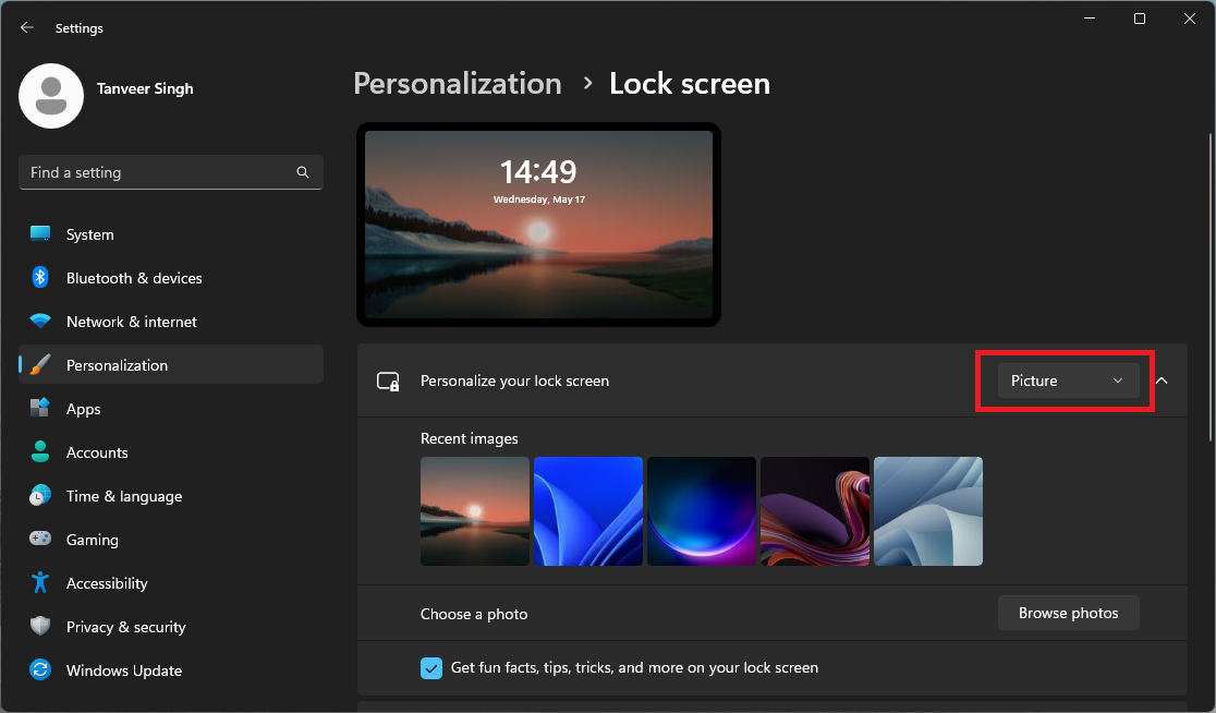 Change "Personalize your lock screen" option from drop-down menu.
