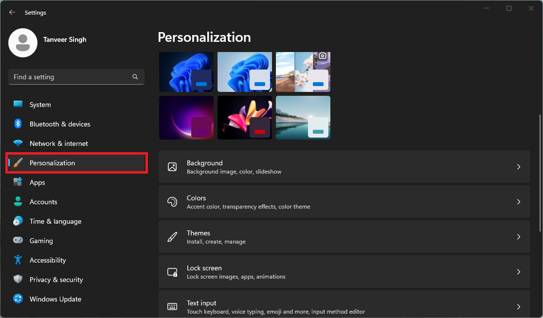 Navigating to "Personalization" in Windows Settings.