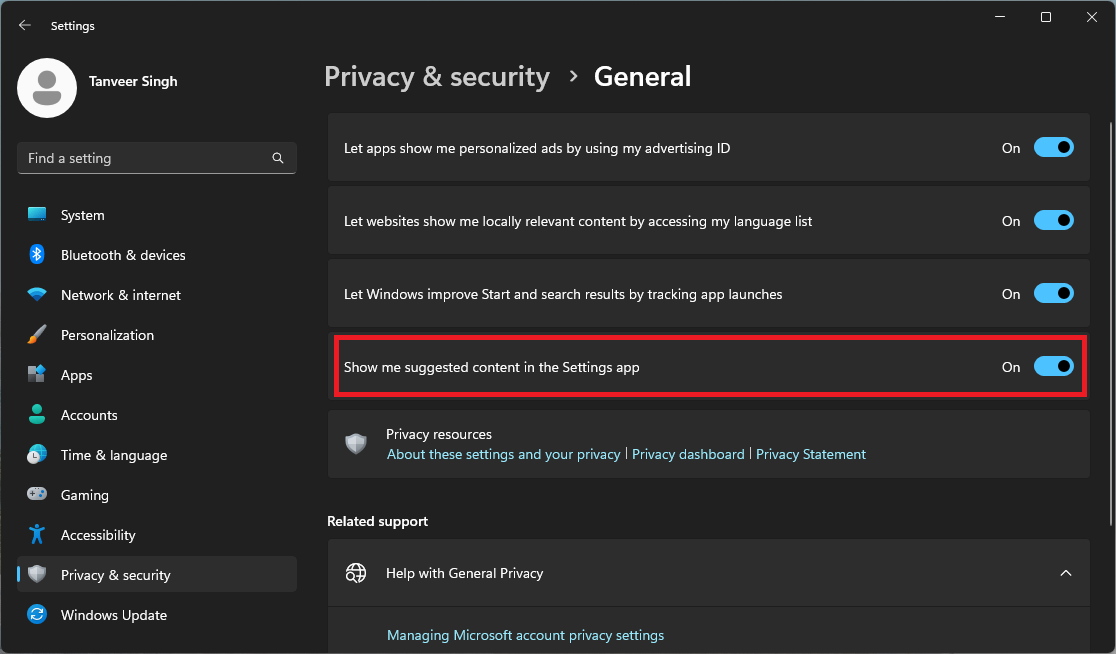 Disabling the "Show me suggested content in the Settings app" toggle in Settings. 