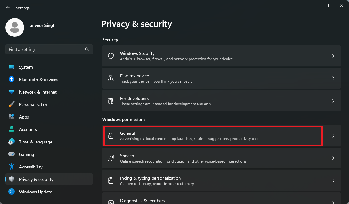Selecting "General" from the "Windows permissions" section. 