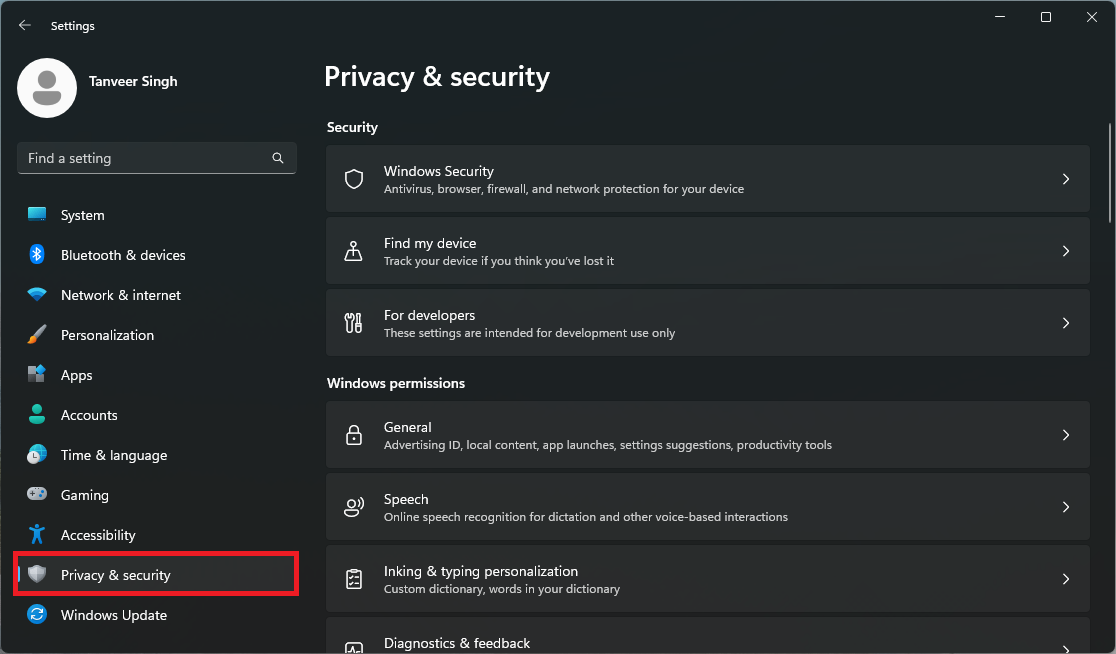 Clicking on "Privacy & security" option in Settings. 