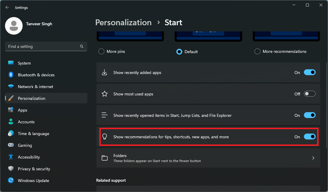 Disabling the "Show recommendations for tips.." option under "Start" in Settings. 