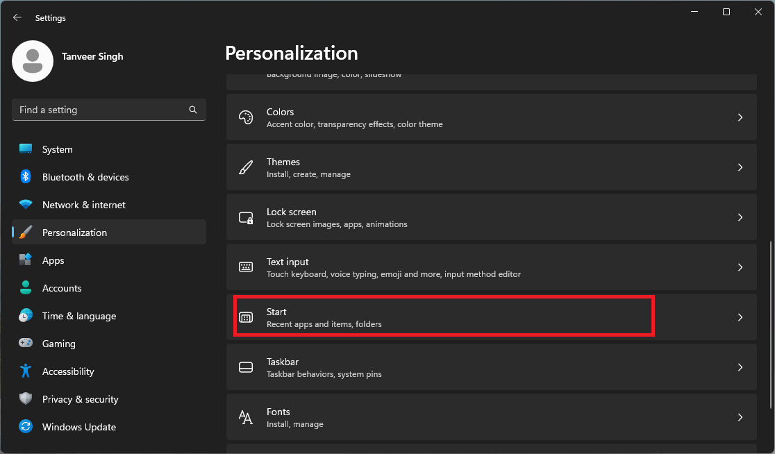 Clicking on "Start" under "Personalization" under Settings. 