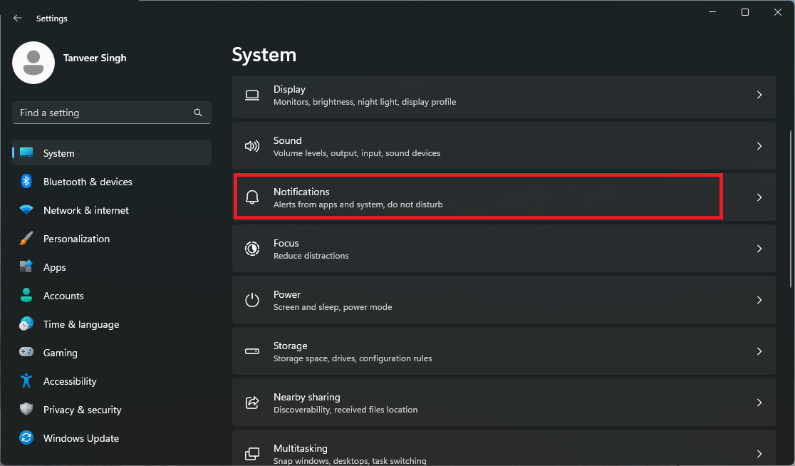 Opting for "Notifications" under System in Settings. 