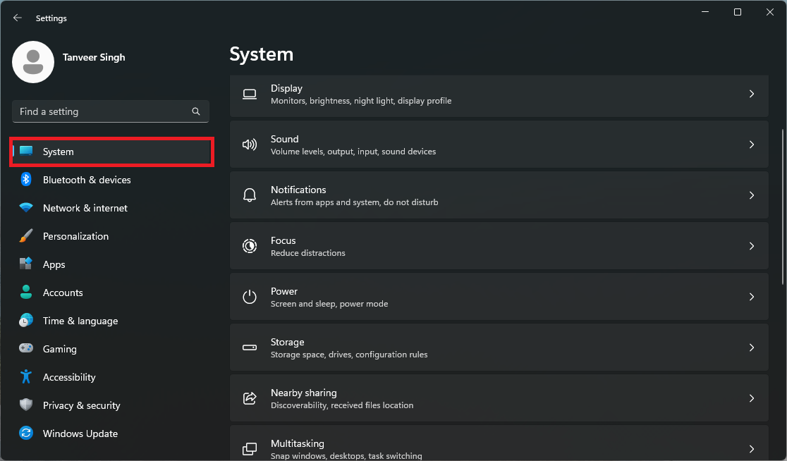 Clicking on "System" in Settings.