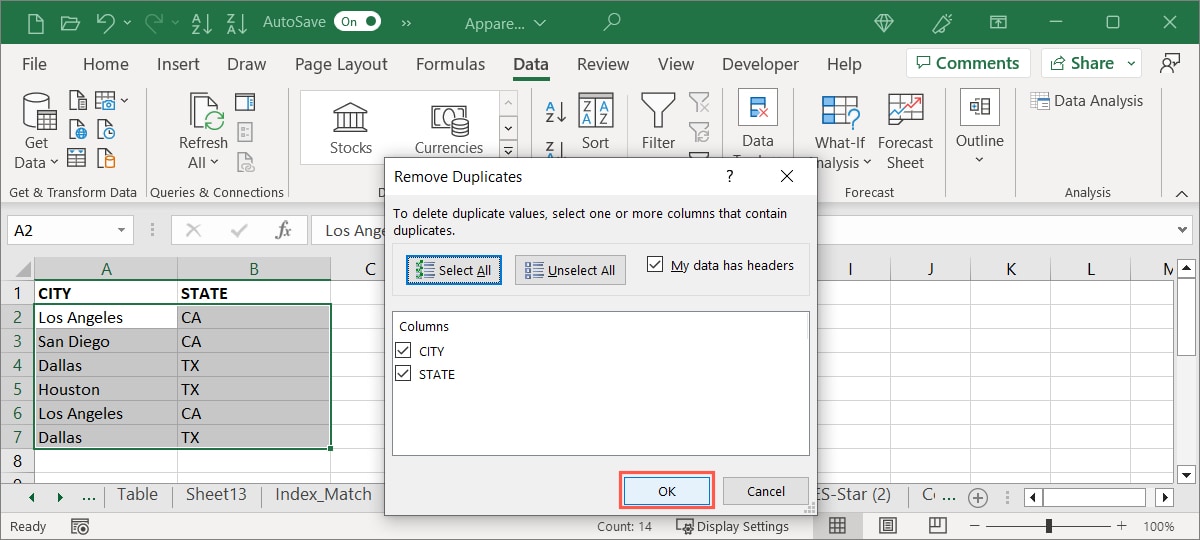 Remove Duplicates setup and OK button