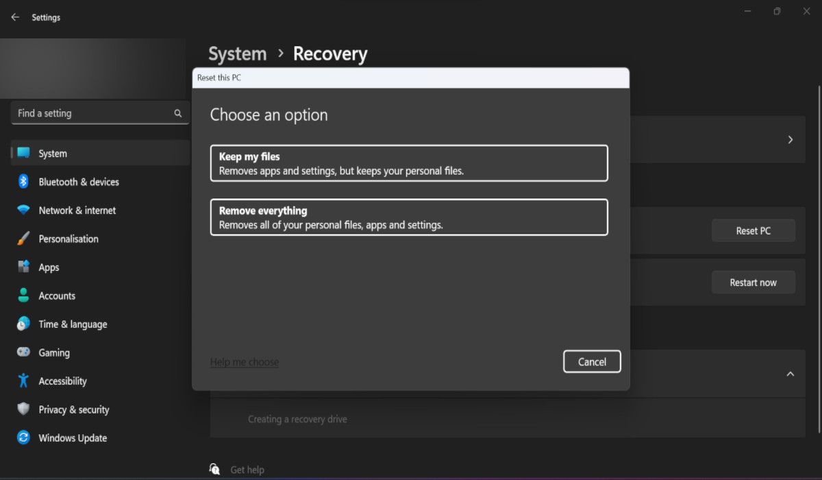 Reset PC options visible from System under Recovery. 