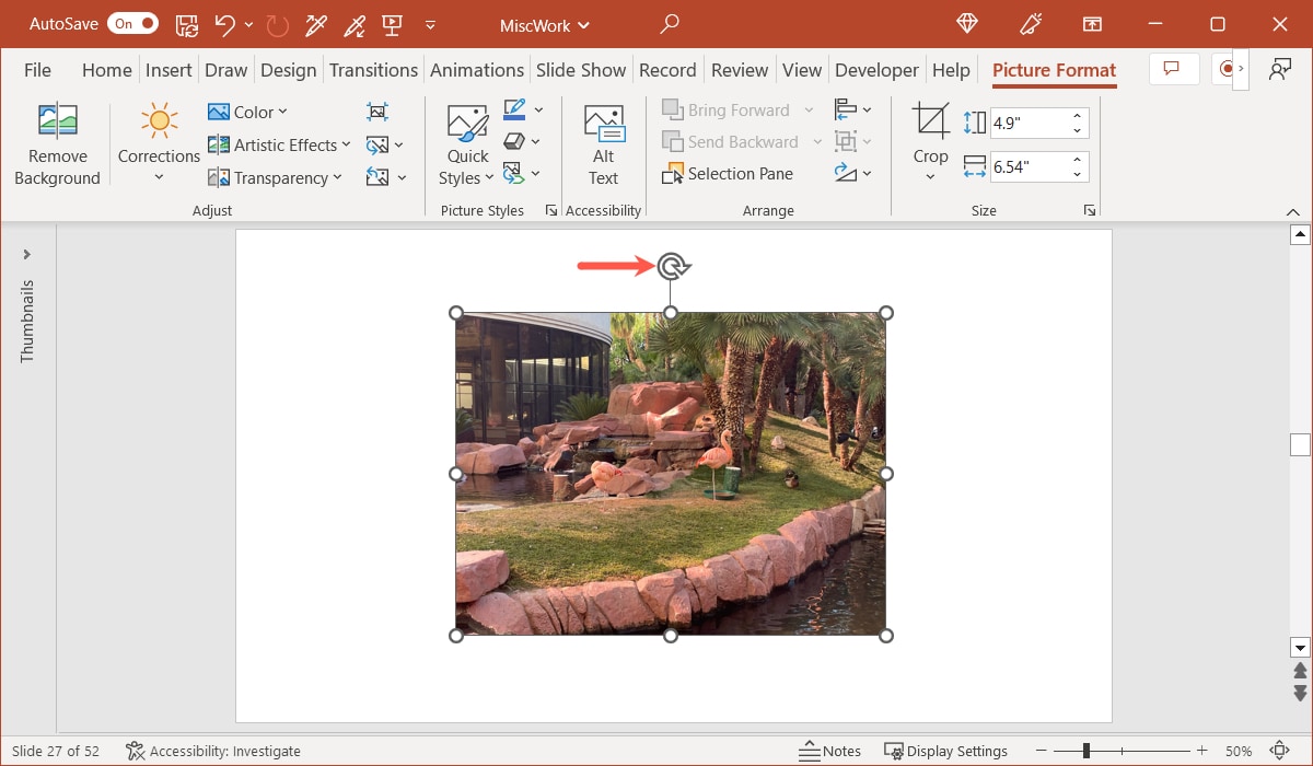 Rotate handle on an image in PowerPoint