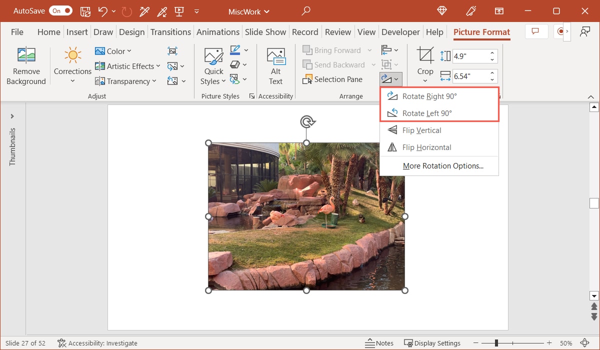 Rotate an image 90 degrees in PowerPoint