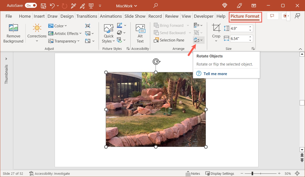 Rotate in the ribbon on the Picture Format tab
