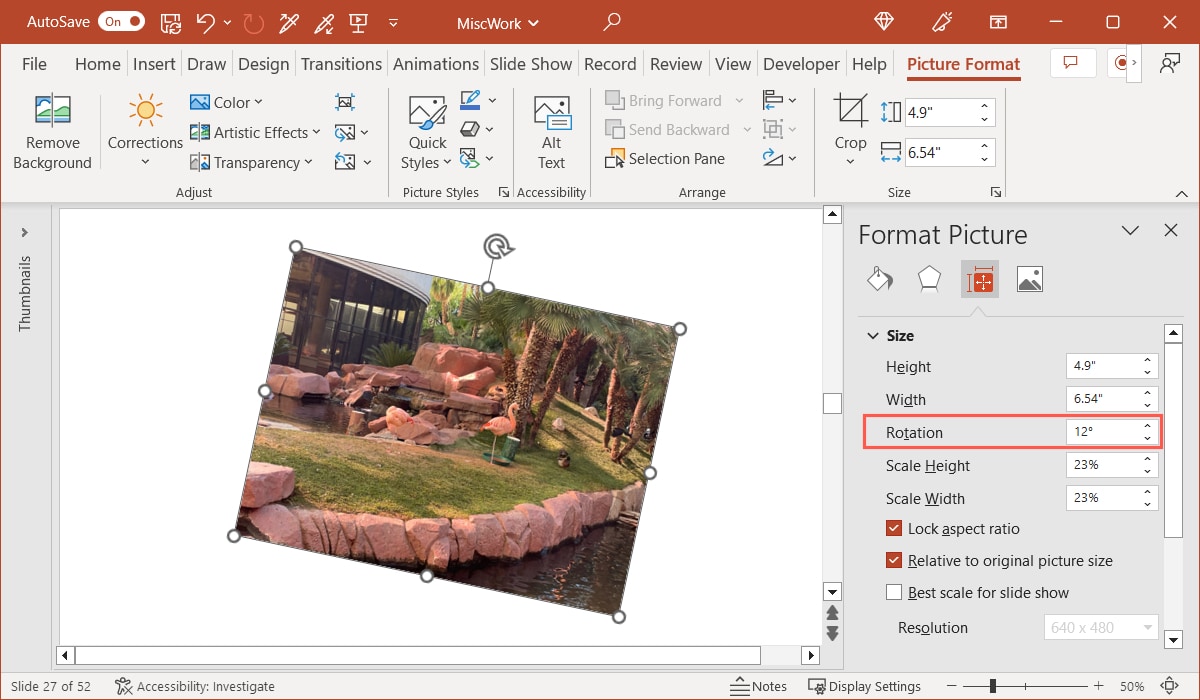 Rotation in the sidebar in PowerPoint