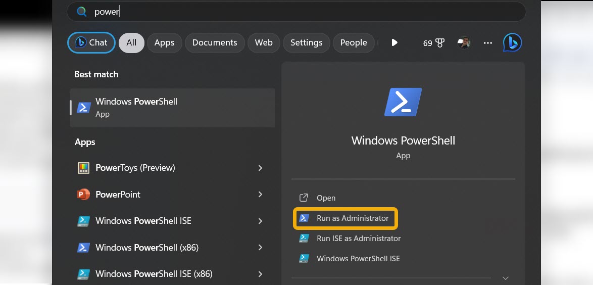 Typing for PowerShell via Windows Search.  