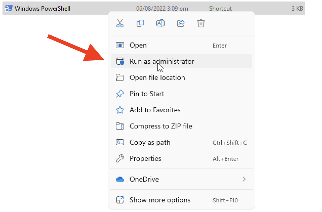 Click on "Run as administrator" option for PowerShell. 