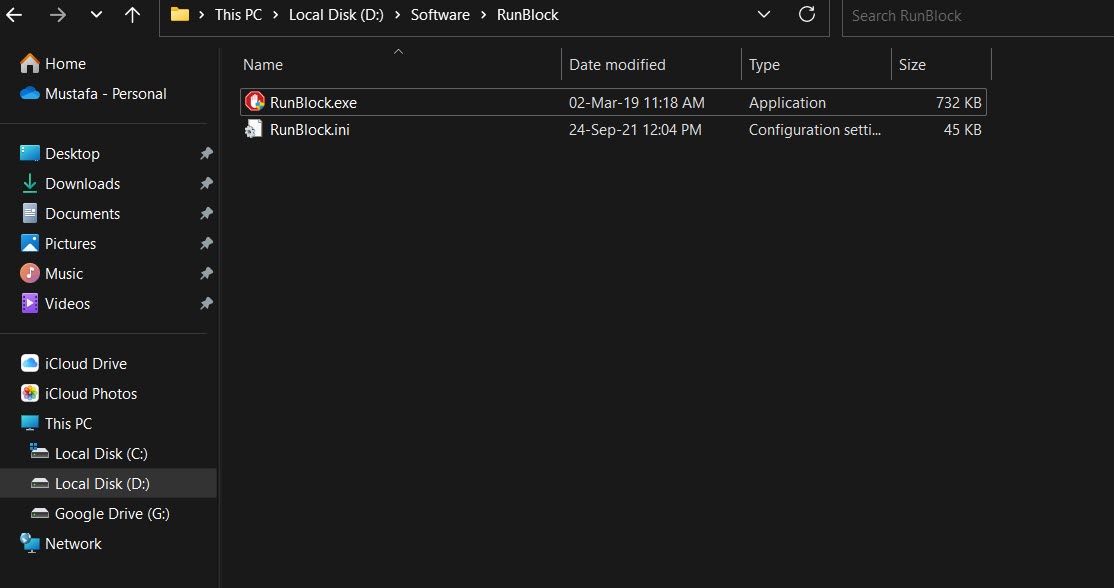Running "RunBlock.exe" app from File Explorer.